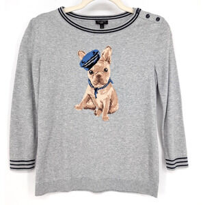Talbots Petite Gray French Bulldog Graphic Sweater Classic Preppy Parisian Chic